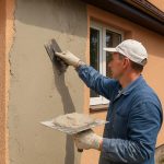 Строитель наносит штукатурную смесь