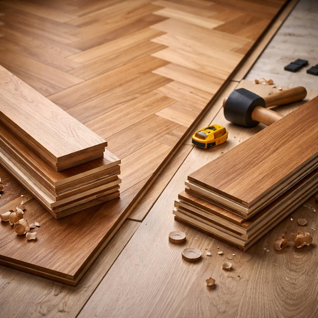 сравнение инженерной доски и паркета на полу, укладка деревянного покрытия крупным планом